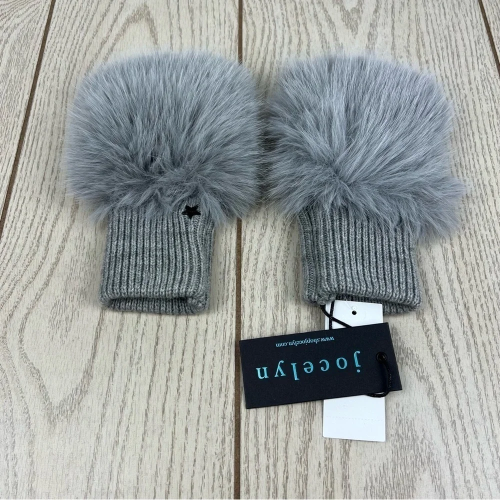 Jocelyn Faux Fox Knit Fingerless Mittens OS Light Gray $55